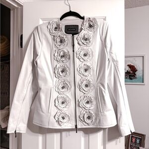 Anne Fontaine White Leather Jacket with Floral Appliqués